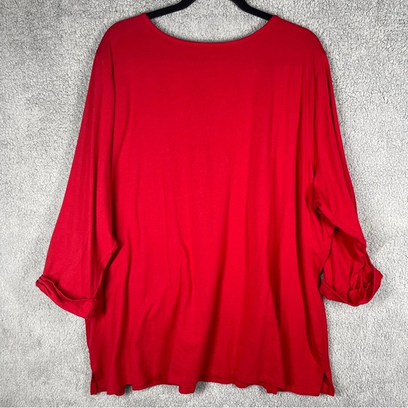 Croft & Barrow Blouse 3X Red Rolled Sleeves Crew Neck Lace - Picture 2 of 7